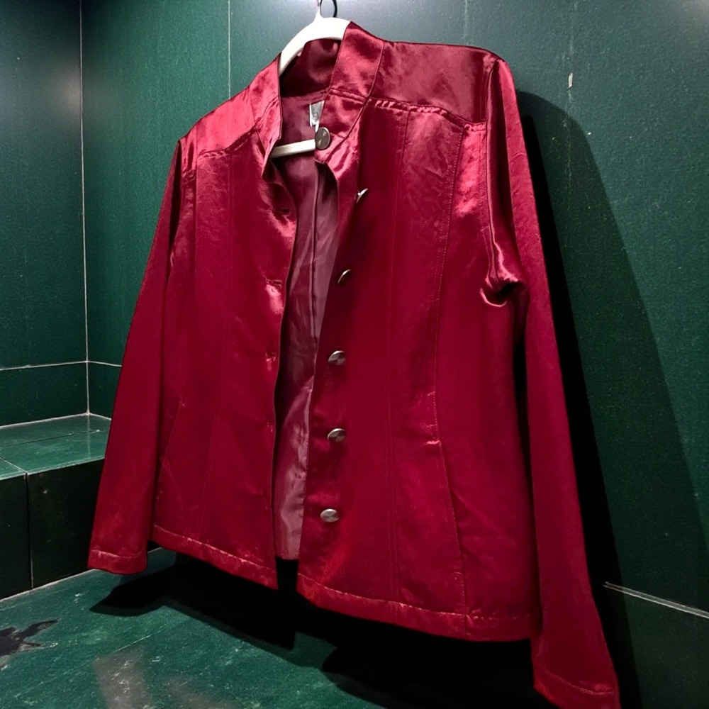 Chico's Red Satin Blazer Jacket Women Size 2 Elegant Button Front